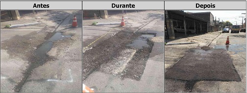 Antes, durante e depois do serviço de Tapa-Buraco na rua Zina Aita 